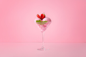 Glass with tasty strawberry ice cream on color background