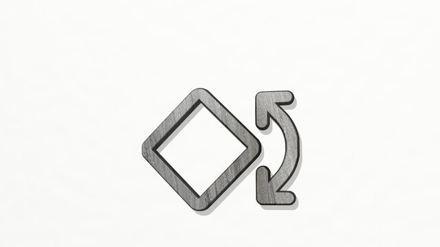 ROTATE made by 3D illustration of a shiny metallic sculpture on a wall with light background. icon and arrow