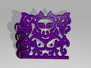 3D illustration of EVIL graphics and text around the icon made by metallic dice letters for the related meanings of the concept and presentations. background and halloween