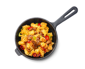 Frying pan with tasty pasta and chicken on white background