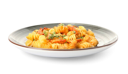 Plate with tasty pasta and chicken on white background