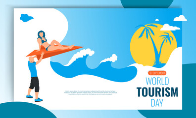 27 September World tourism day. Sea wave blue background with men and women on paper plane.  World tourism day poster, banner, flyer. Vector illustration.