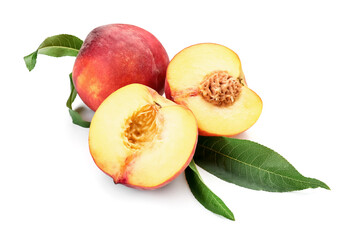 Sweet ripe peaches on white background