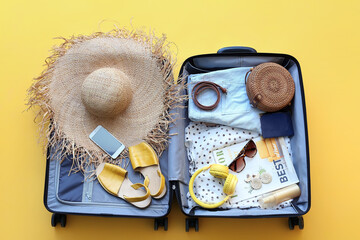 Packed suitcase with belongings on color background. Travel concept