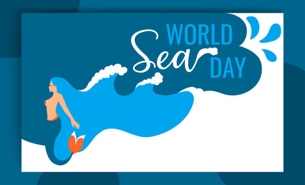 26 September World sea day. Sea wave blue background with mermaid and empty place for text.  World oceans day poster, banner, flyer. Vector illustration.