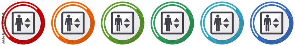 Poster elevator, lift icon set, flat design vector illustration in 6 colors options for webdesign and mobil