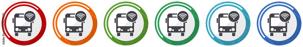 Poster Bus with wifi icon set, flat design vector illustration in 6 colors options for webdesign and mobile applications