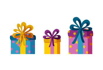 Colorful presents with bows for a party or celebration. Three present boxes in bright wrapping paper. Flat vector illustration isolated in white background