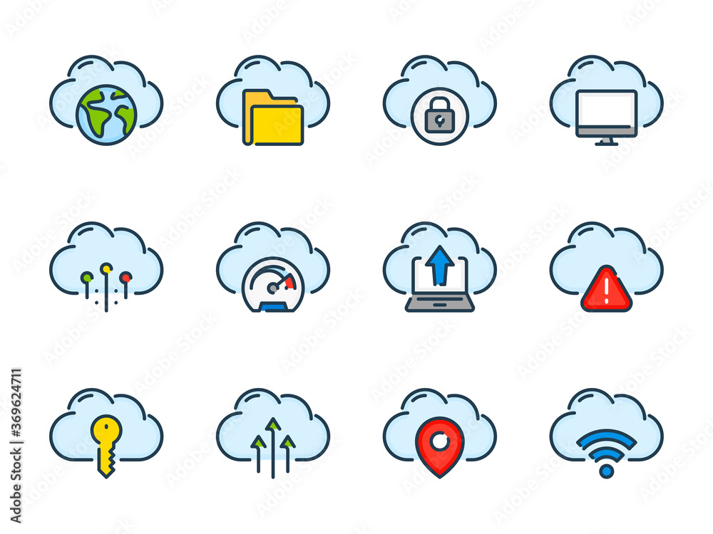 Poster cloud server and storage vector color line icon set. cloud hosting and computing colorful outline ic