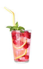 Glass of cold raspberry tea on white background