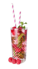 Glass of cold raspberry tea on white background