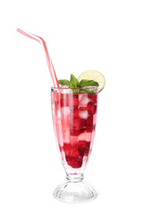 Glass of cold raspberry tea on white background