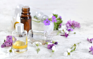 Plakat bottles of essential oil and colorful petals of flowers on white table