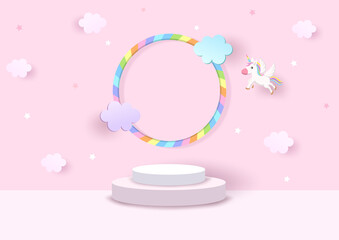 Pink platform 3d with unicorn and rainbow © tharnthip