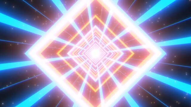 Fly in Futuristic Sci-Fi Orange Blue Diamond Square Neon Tunnel - 4K Seamless Loop Motion Background Animation