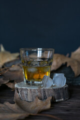 A glass of whiskey with ice stands on a wooden stand with melting ice cubes on a background of autumn leaves on the table