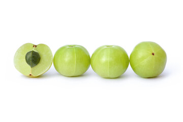 Indian gooseberry fruits ( Amla,  phyllanthus emblica ) and half sliced isolated on white background. 