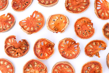 dry Quince fruit isolated on white pattern texture background 