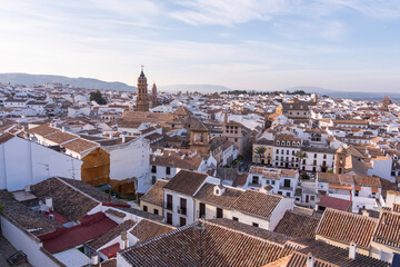 View of Old town of Antequera at dusk. Andalusia, Spain