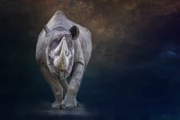 Zelfklevend Fotobehang artistic view of a rhino walking before a dark background © Ralph Lear