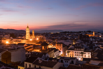 View of Old town of Antequera at dusk. Andalusia, Spain