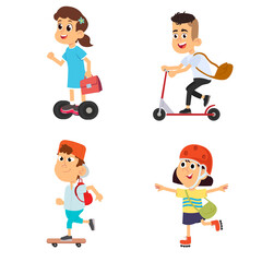 children,boys and girls on roller skates collection on a white background.