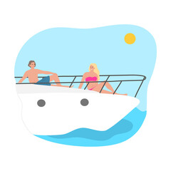 Boy and girl sitting on stern of yacht and sunbathing during summer cruise