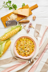 Parmesan Cilantro Corn in a pink bowl