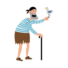 Fototapeta premium Old toothless pirate in vest and bandana with club holding seagull on hand