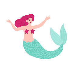 Mermaid with pink hair swimming in sea with starfishes over naked breast