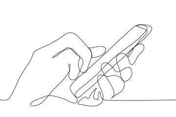 Two hands are holding the phone, the index finger of his right hand comes to smartphone screen. One continuous line art. Concept of reading news feed, surfing internet, typing messages, checking email