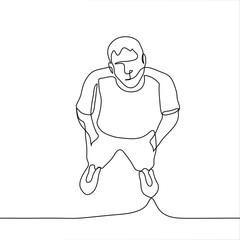 man in full growth stands and looks upwards, his hands in his trouser pockets. One continuous line art concept of a little person watching the sky. Vector contour black and white illustration
