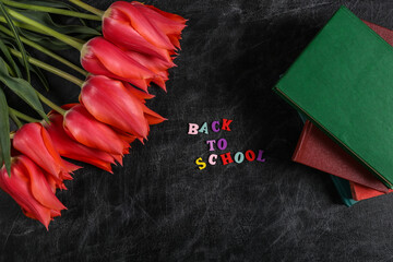 Knowledge day. Red tulips with books stack on chalk board. Top view. Back to school word