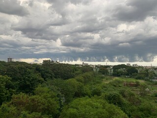 Straight cut clouds in the horizon. Cloud pattern. Dark rainy clouds.
