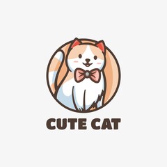 Vector Logo Illustration Cute Cat Simple Mascot Style.