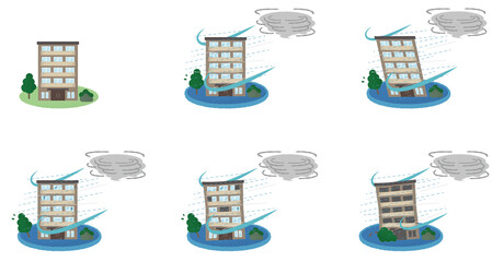 台風の被害に遭うマンションのベクターイラストセット