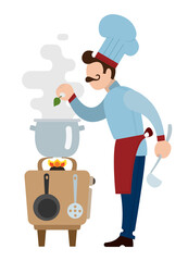 The chef in blue uniform and red apron prepares the dish on the gas stove. Isolated vector illustration of cooking.