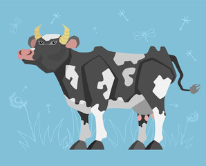 A cute cow. Vector illustration of an animal on a blue background with grass.