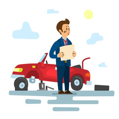 Obraz premium A man is standing near a broken car and needs help. Vector illustration with a red car on the road with a flat tire.