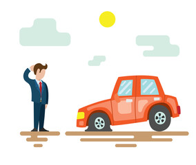 A man is standing next to a broken car. Vector illustration with a red car on the road with a flat tire.