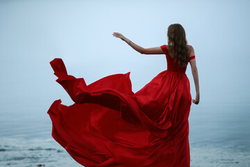 woman in a long red dress. Back view - obrazy, fototapety, plakaty