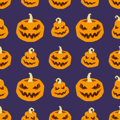 Halloween seamless pattern. Vector illustration of orange pumpkins on a dark blue background for textiles and wallpaper design.