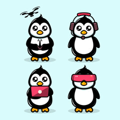 Cute penguin mascot modern technology theme design illustration template vector set