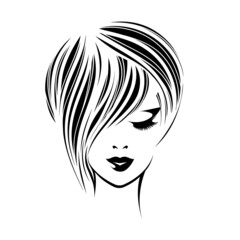 Woman with short haircut, wavy hairstyle and elegant makeup.Hair salon and beauty studio vector illustration.Cosmetics and spa logo.Young lady portrait.Beautiful girl face isolated on light fund.