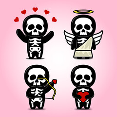 Cute skull mascot design illustration with love and romance theme set