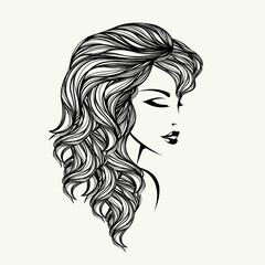 Woman with long, curly hairstyle and elegant makeup.Hair salon and beauty studio vector illustration.Cosmetics and spa logo.Young lady portrait.Beautiful girl face isolated on light background.