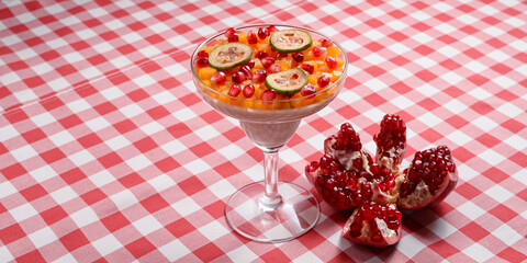 Sweet dessert pannacotta with pomegranate jelly and served with pomegranate syrup and seeds in a tall glass .