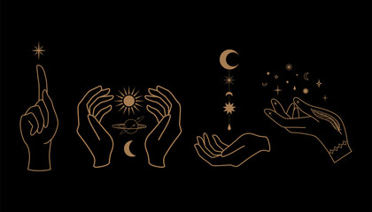 Mystical celestial illustration with hands, stars, planets and geometric elements