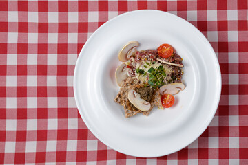Grilled meat beef, lamb garnished with tomatoes, crackers and raw mushrooms. Meat salad.