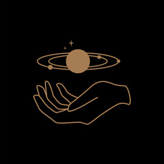 Mystical celestial illustration with hands, stars, planets and geometric elements